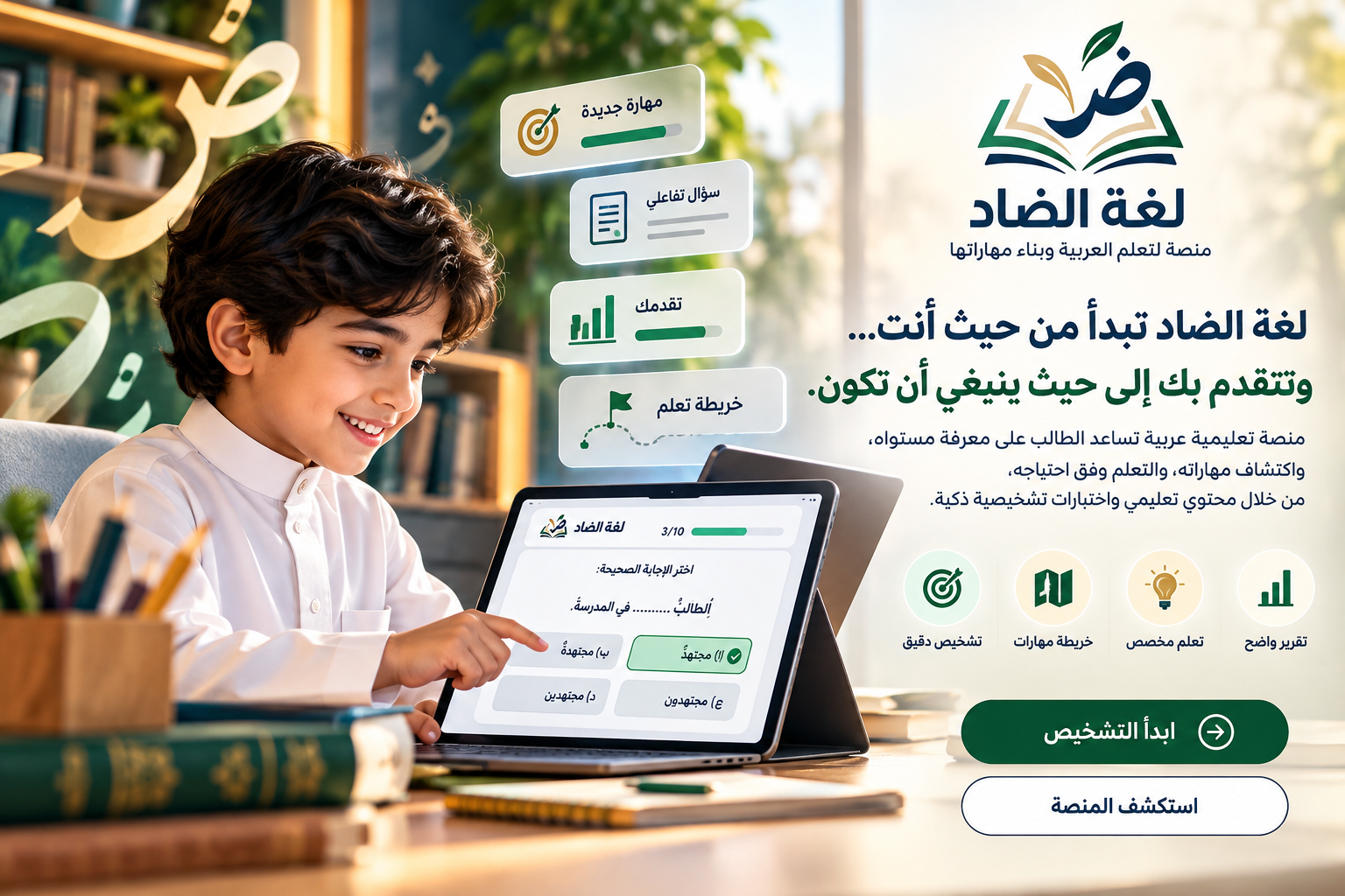 التصور البصري لمنصة لغة الضاد: طالب يتعلم ويستخدم التشخيص الذكي وخريطة المهارات